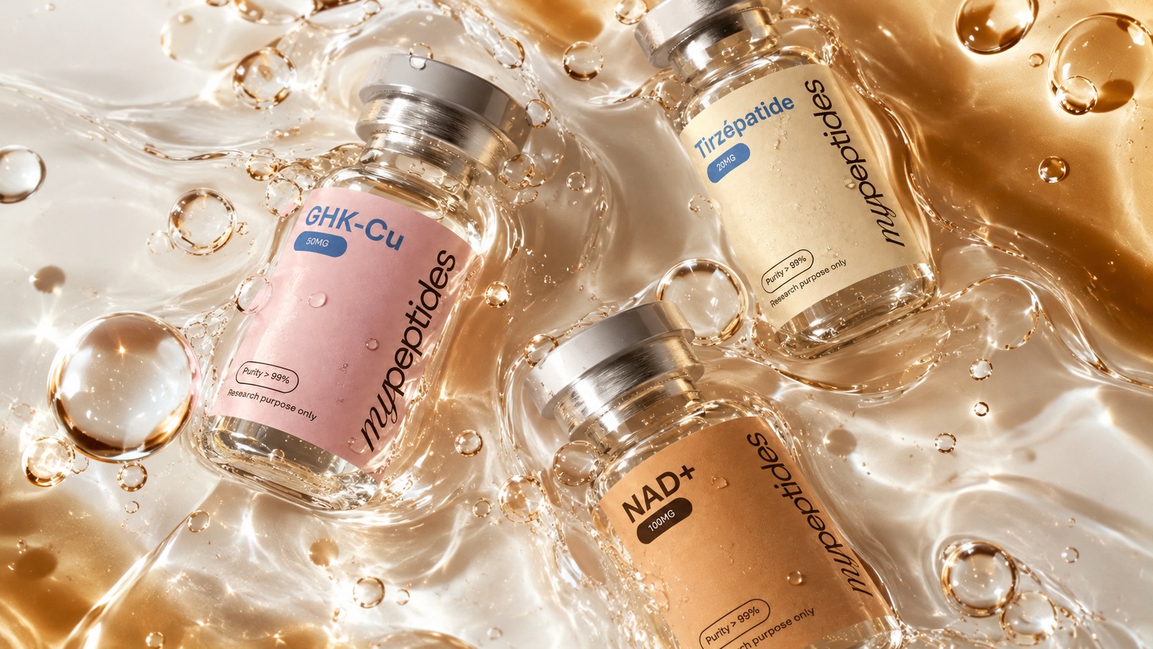 Flacons My Peptides GHK-Cu, Tirzépatide et NAD+ dans l’eau